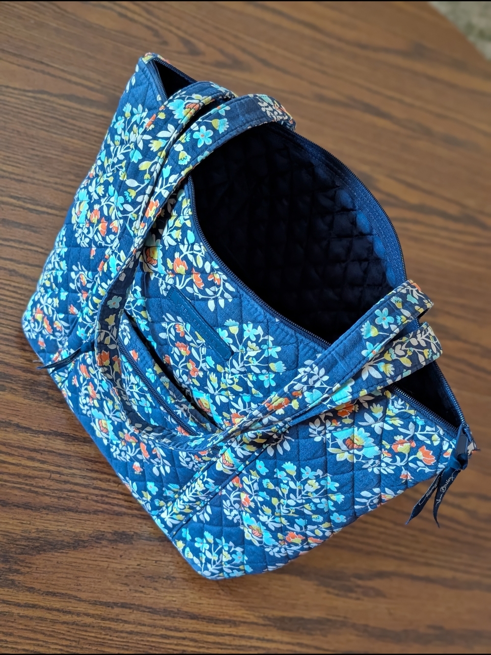 Vera Bradley Quilted Navy Floral Tote with Light Blue and Orange Accents
